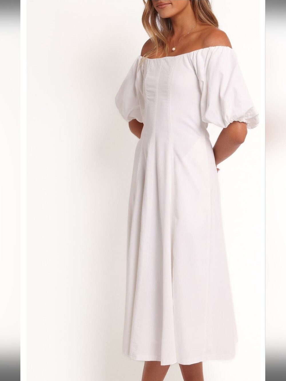 Petal & Pup NWT Off-the-Shoulder White Midi Dress with Puff Sleeves